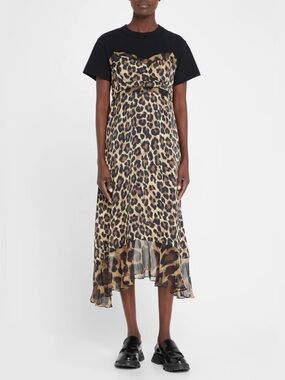 Sacai Leopard Slip Dress with Black Tee Overlay